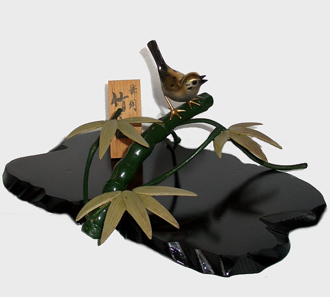 японская бронзовая интерьерная композиция Птичка на ветке бамбука, 1900-е гг.