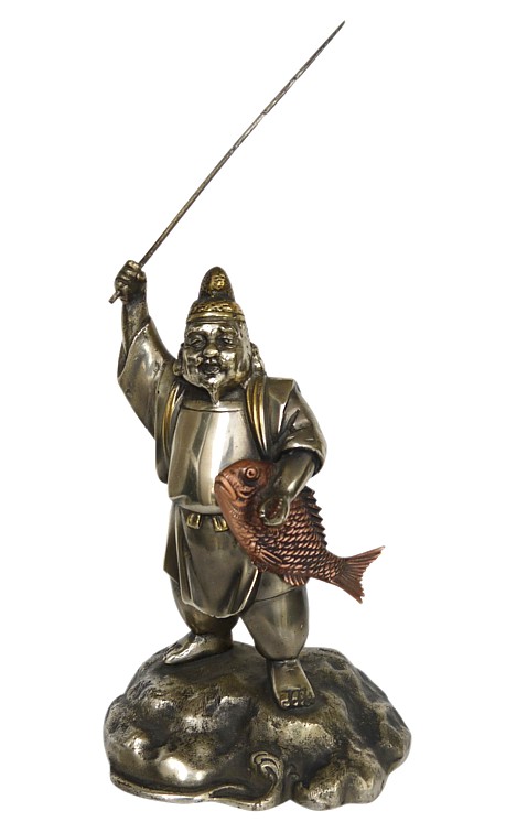 японский антиквариат: бронзовая статуэтка Эбису, одного из Семи Богов Счастья, 1900-е гг.