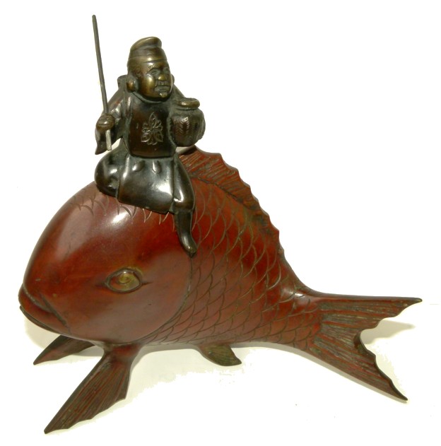 Бронзовая антикварная статуэтка Эбису на рыбе, Япония, Мэйдзи