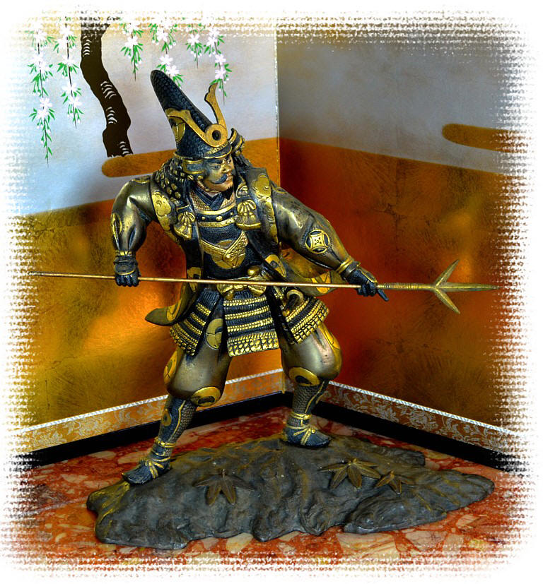 самурай с копьем, японская антикварная бронзовая статуэтка