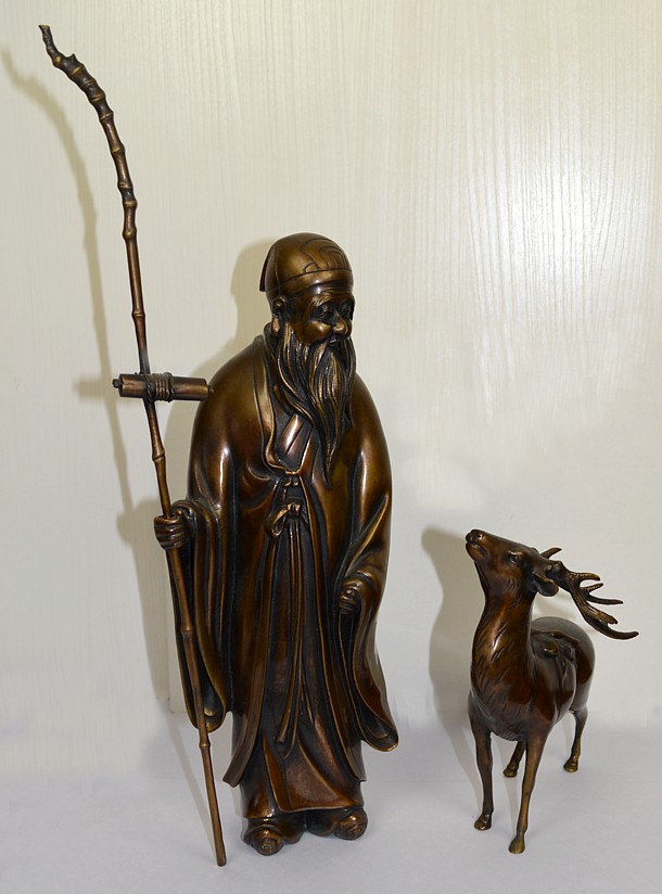 подарок японская антикварная композиция из бронзы: Фукурокудзю и олень
