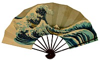 японский веер с рисунком по мотивам старинной гравюры