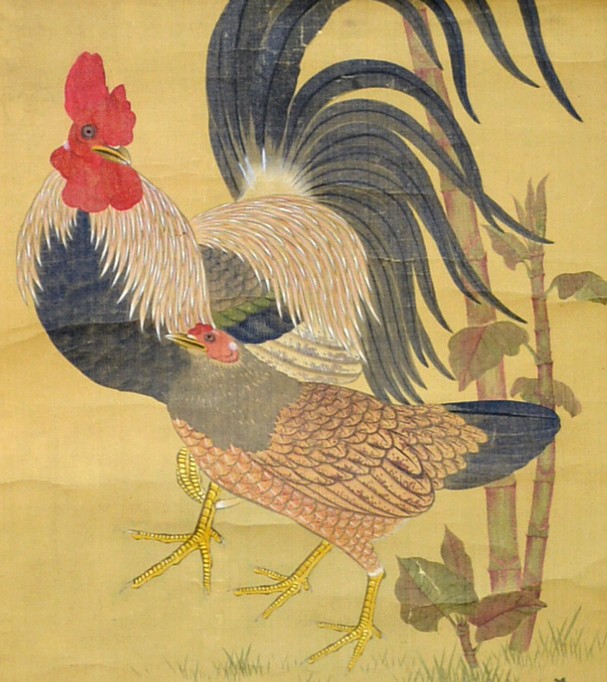 антикварный  рисунок  Петух и Курица на заднем дворе, Япония, эпоха Эдо