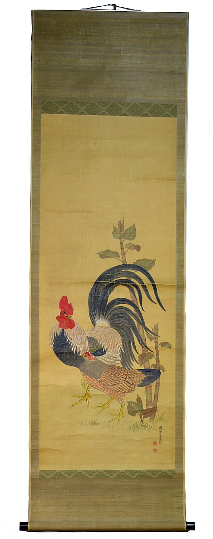 антикварный японский рисунок на свитке ПТИЦЫ на ЗАДНЕМ ДВОРЕ, эпоха Эдо