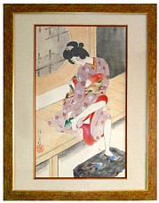 японская картина Девушка, вытирающая ножку, Kaburagi Kiyokata (1878-1972)