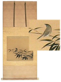 японская акварель Соловей на ветке бамбука
