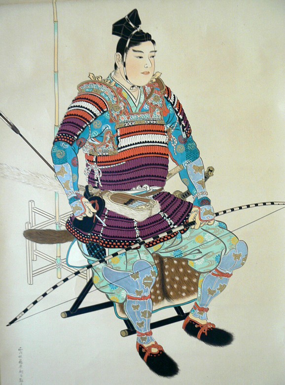 японский акварельный рисунок Самурай перед битвой, цветная тушь