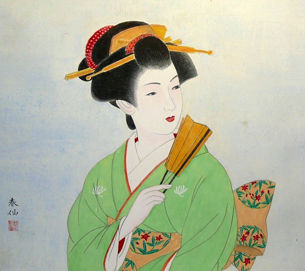 японская картина Красавица с веером, 1927 г.