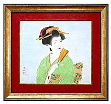 японская картина Красавица с веером, Наттори Шунсэн, 1927 г.