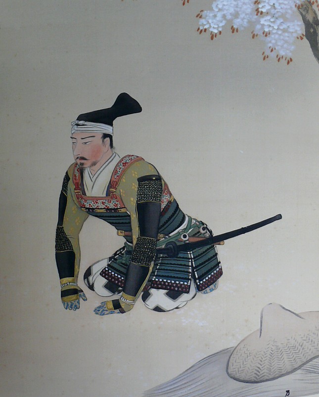 японский акварельный рисунок на свитке Самурай под сакурой: деталь