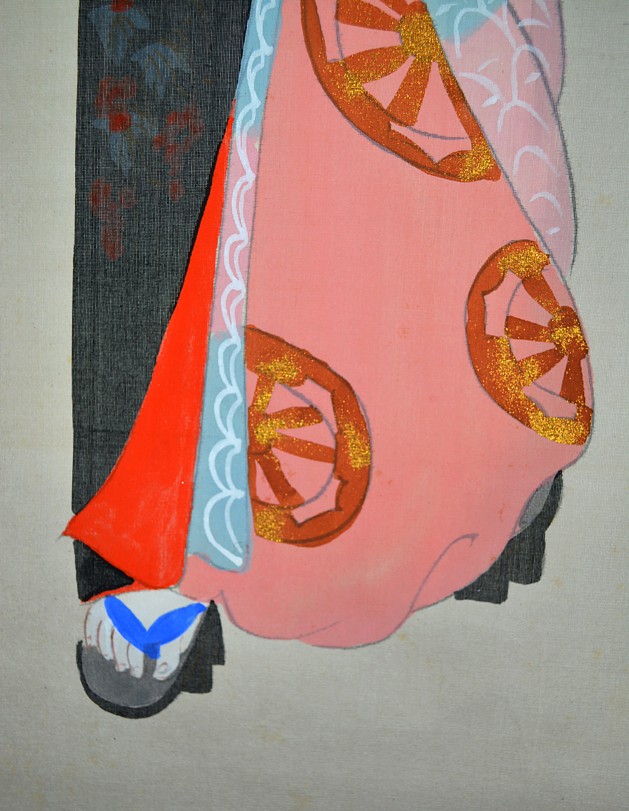 Гейша с сямисэном, японский рисунок на свитке. Деталь
