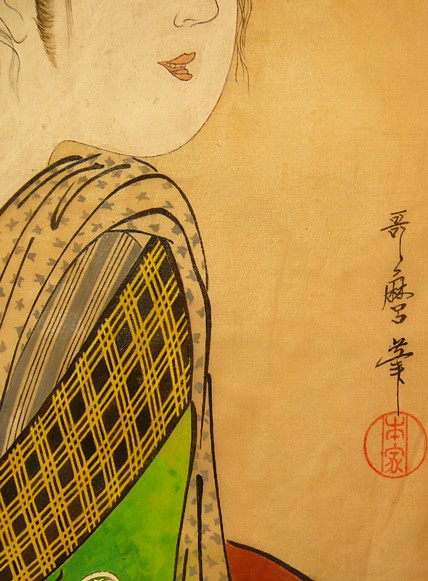  Гейша в зеленом кимоно, японская картина. Деталь.