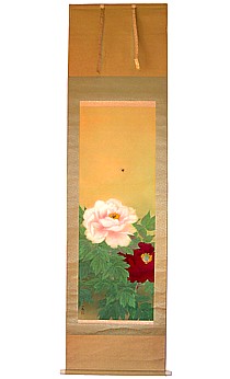 японский рисунок на свитке Цветуший куст пионов