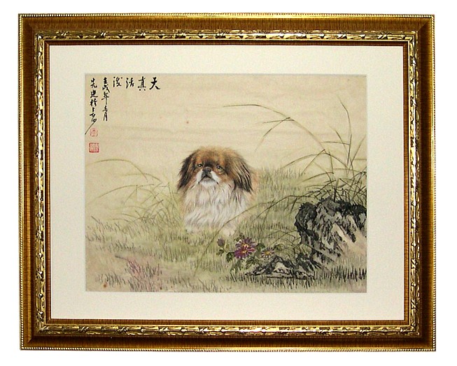 японский хин в траве,японская старинная картина в раме, 1922 г.