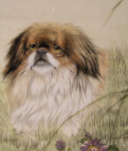  Маленькая собачка цреди травы, японская старинная картина в раме, деталь