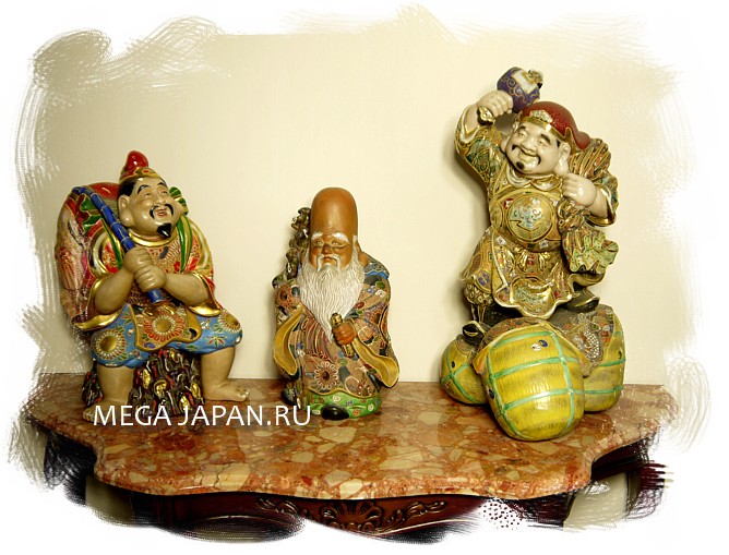 Дайкоку, Фукурокудзю и Эбису - трое из Семи Богов Счастья, фарфоровые фигуры, Япония, эпоха Мэйдзи