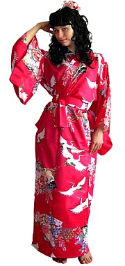 японское кимоно АИСТЫ И ПИОНЫ, иск. шелк, сделано в Японии