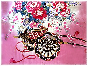 рисунок шелковой ткано японското женского кимоно УТРЕННИЙ САД