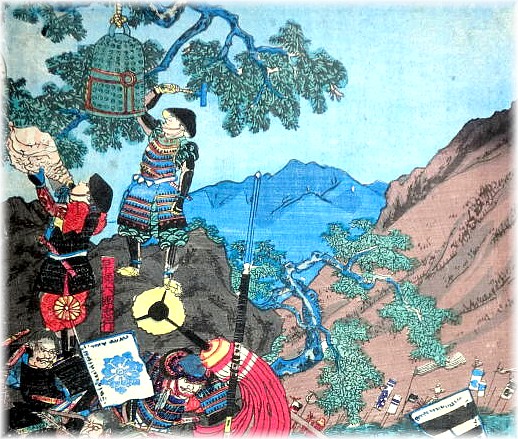 старинная японская гравюра, иображающая самурая с хорагаем