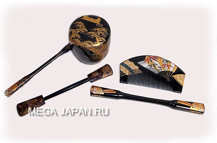 японское искусство лаковой миниатюры: гребень и заколки для прически и коробка для чая