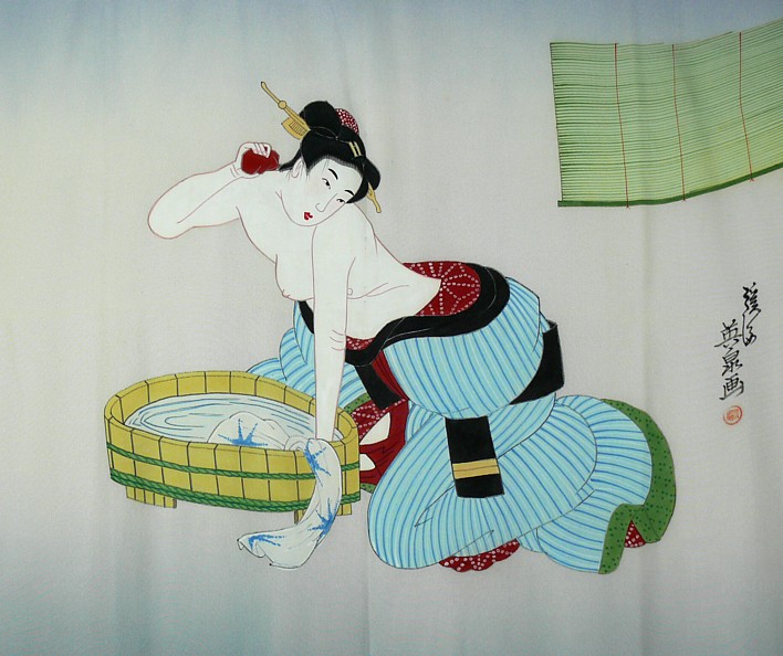 японская эротика. рисунок на мужском шелковом кимоно
