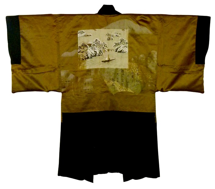 японское традиционное шелковое мужское хаори, подкладка с жаккардовой вышивкой и росписью