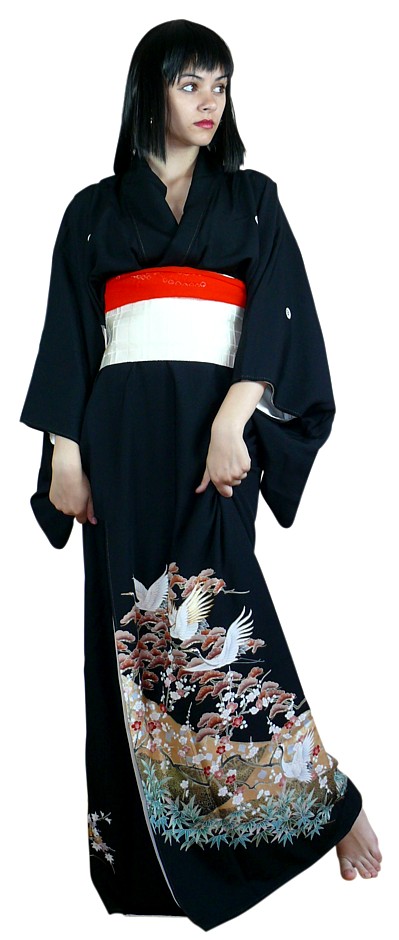 японское черное шелковое кимоно с авторским рисунком, винтаж