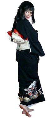 винтажное японское черное шелковое кимоно