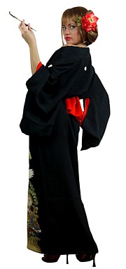 японское антикварное  шелковое черное кимоно гейши