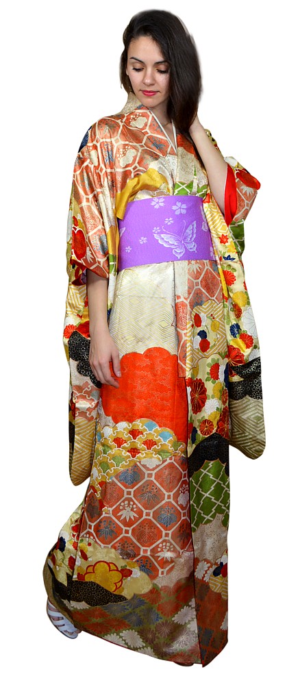 японское шелковое винтажное кимоно-фурисодэ