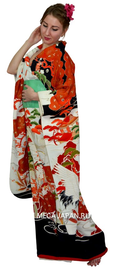 антикварное шелковое кимоно с авторским рисунком