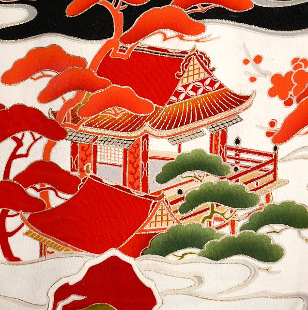 деталь авторского рисунка ткани японского шелкового кимоно